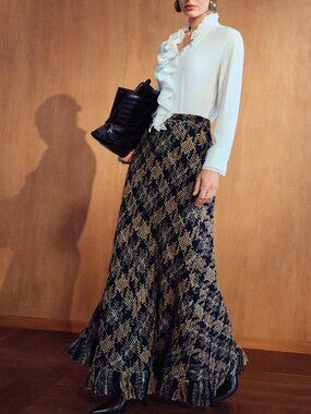 Black & Gold Plaid Women's Fringe Hem Long Skirt